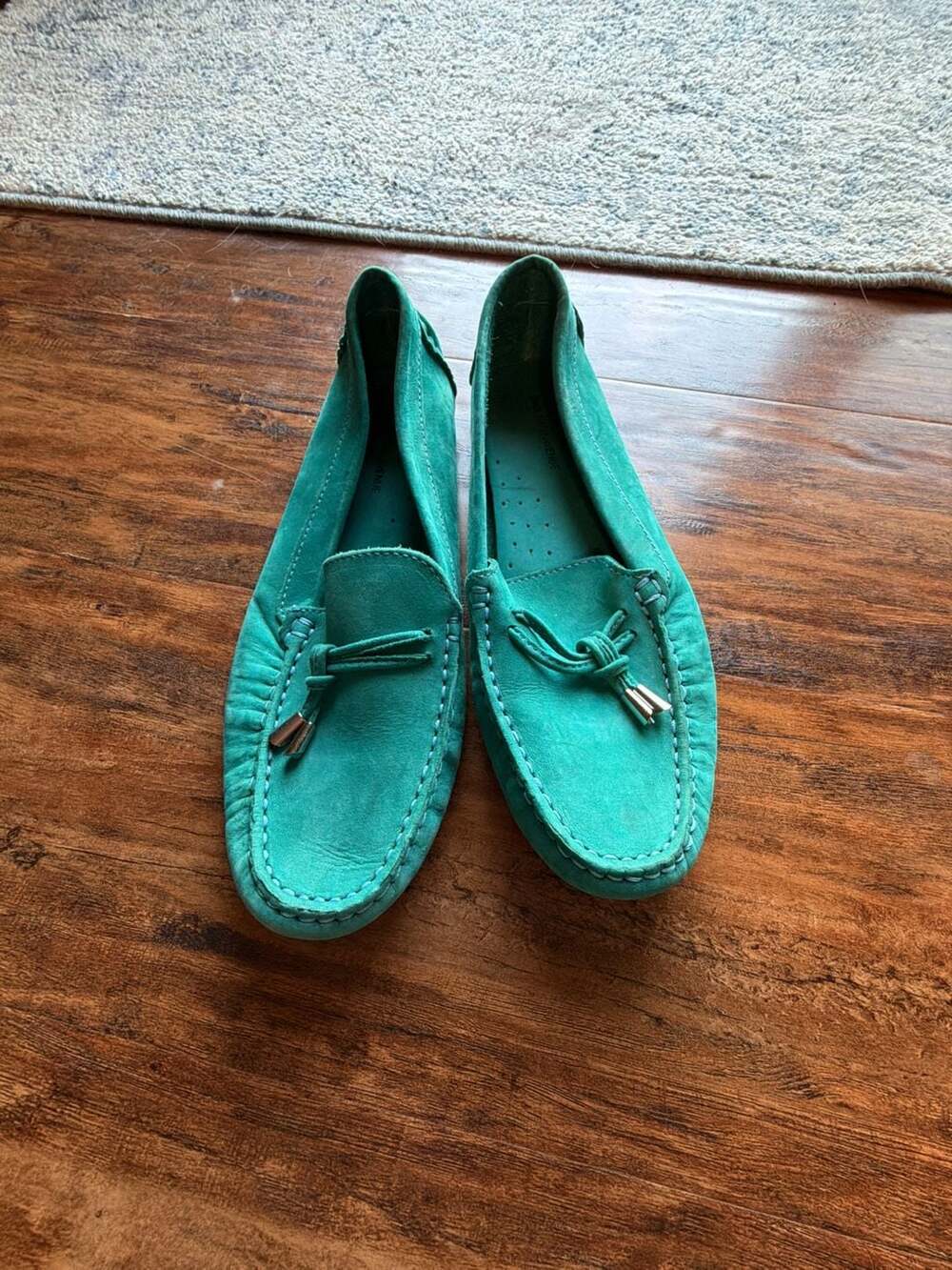 Saks Fifth Avenue Teal Green Suede Driving Moccasin Loafers with Bow Details